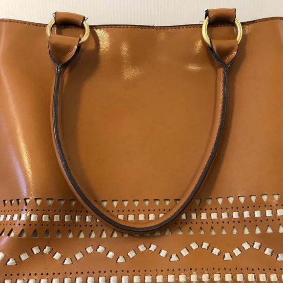 Faux Leather Vegan Camel Brown Tote Bag w/ Handles Country Western 70s Style - Picture 3 of 9